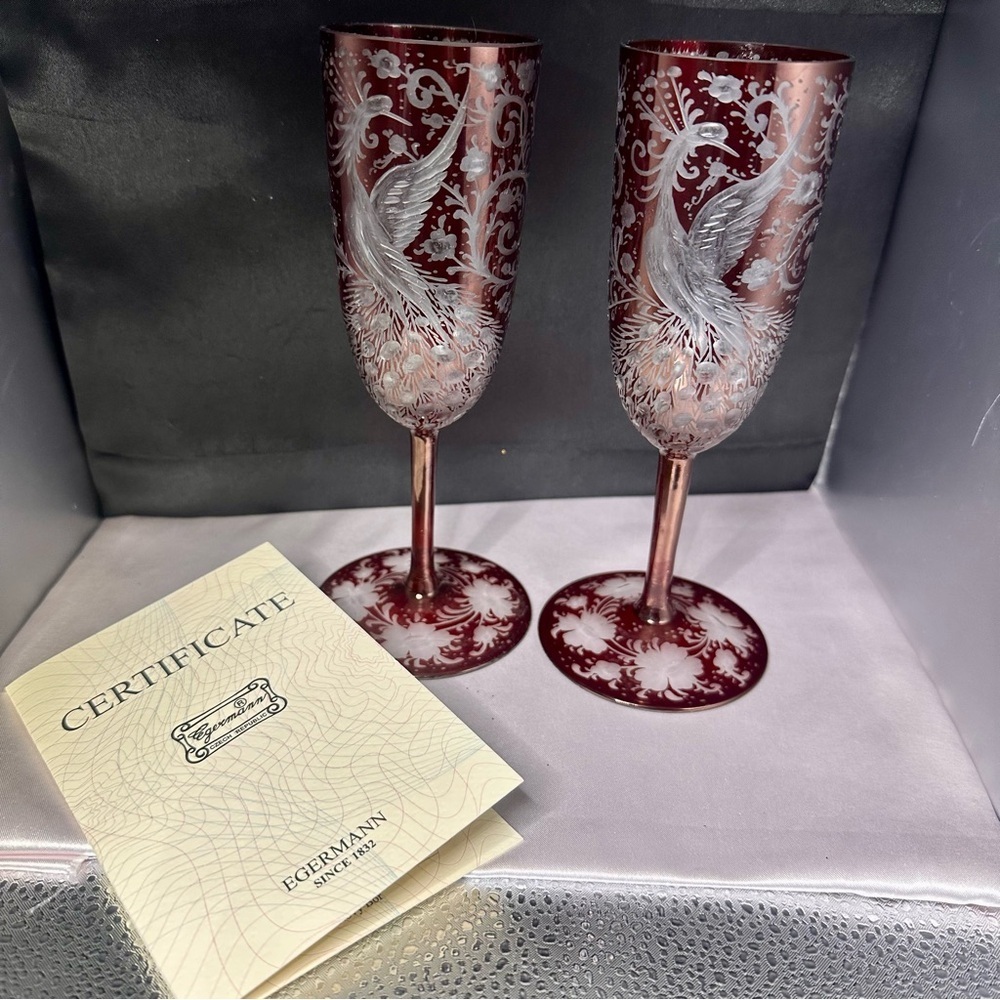Egermann Czech Ruby Cut Crystal Champagne Flutes 1 of 10 Signed COA 2018